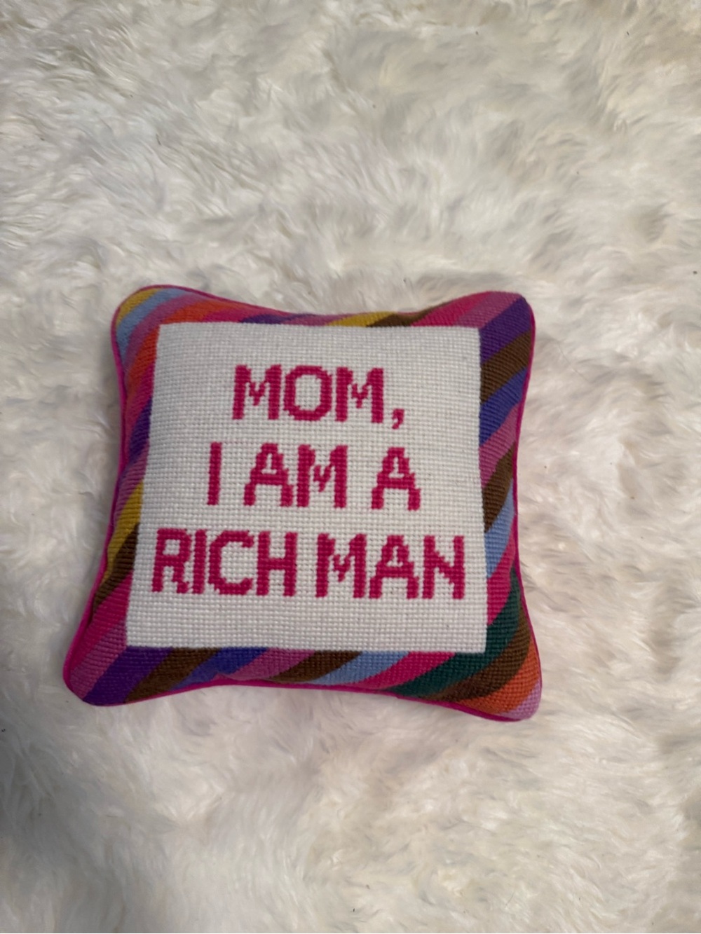 Embroidered 'Mom, I Am a Rich Man' Accent Pillow - Pink Lettering